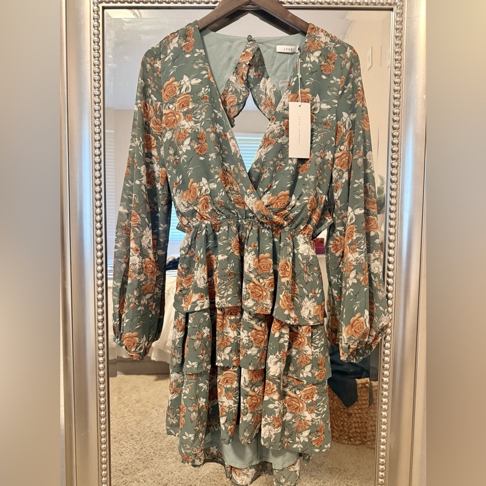 NWT S/M sage teal blue orange peach floral ruffle chiffon minidress open back